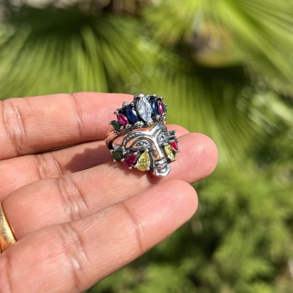 Colorful Face Ring 925 Sterling Silver | Adjustable Size 7